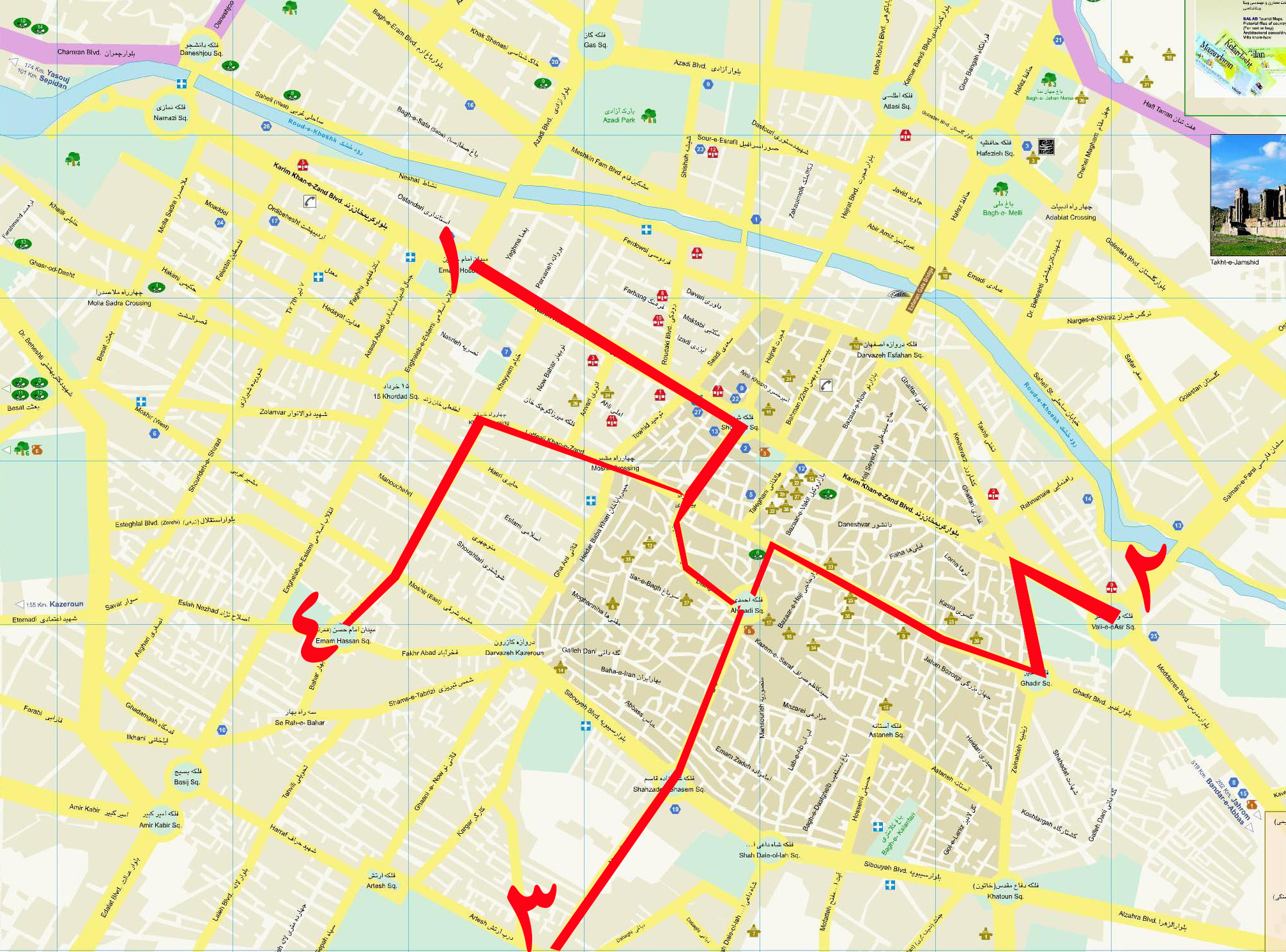 مسیر راهپیمایی جاماندگان اربعین حسینی در شیراز +نقشه