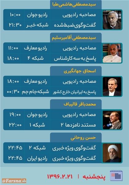 برنامه‌های امروز (21 اردیبهشت) نامزدهای ریاست جمهوری در صداوسیما