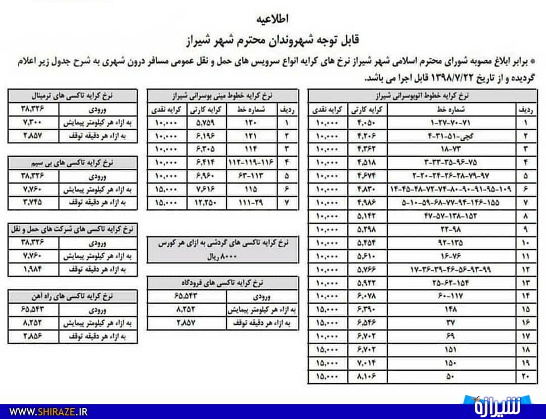 جدول/ نرخ کرایه حمل و نقل عمومی شیراز