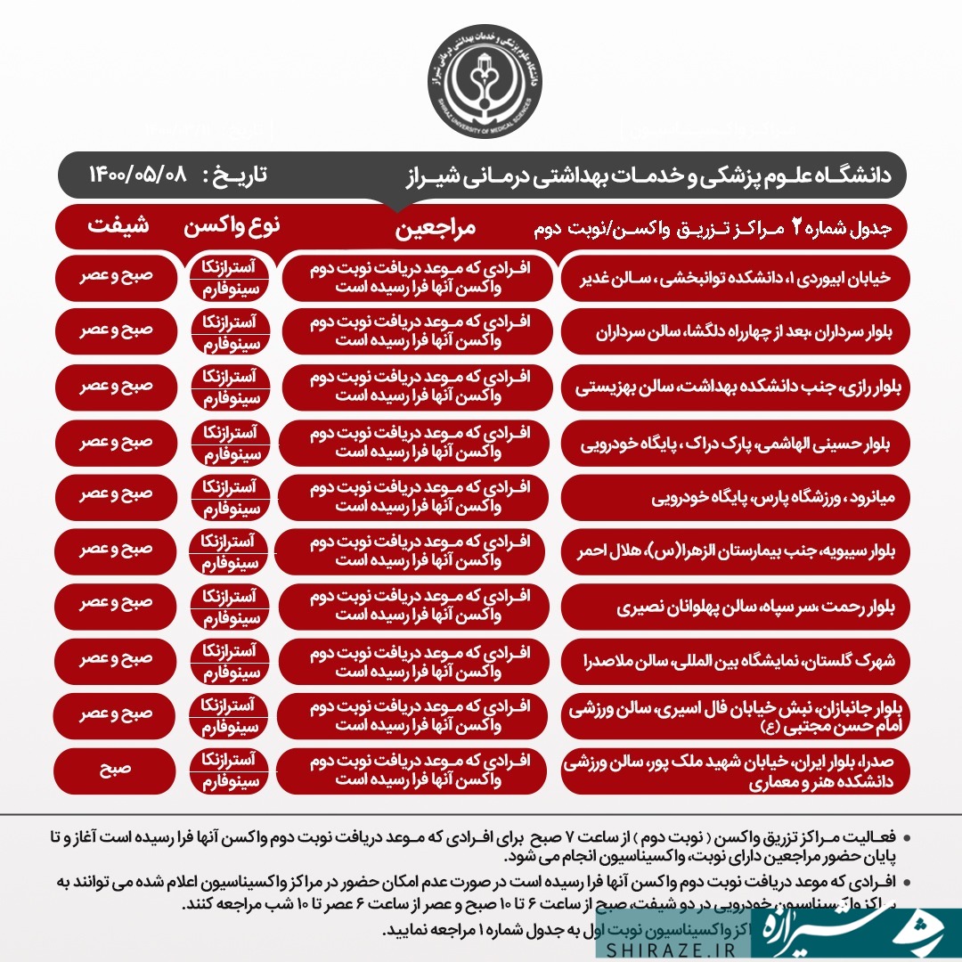 آخرین برنامه کاری مراکز واکسیناسیون کروناویروس در شیراز روز جمعه ۸ مرداد